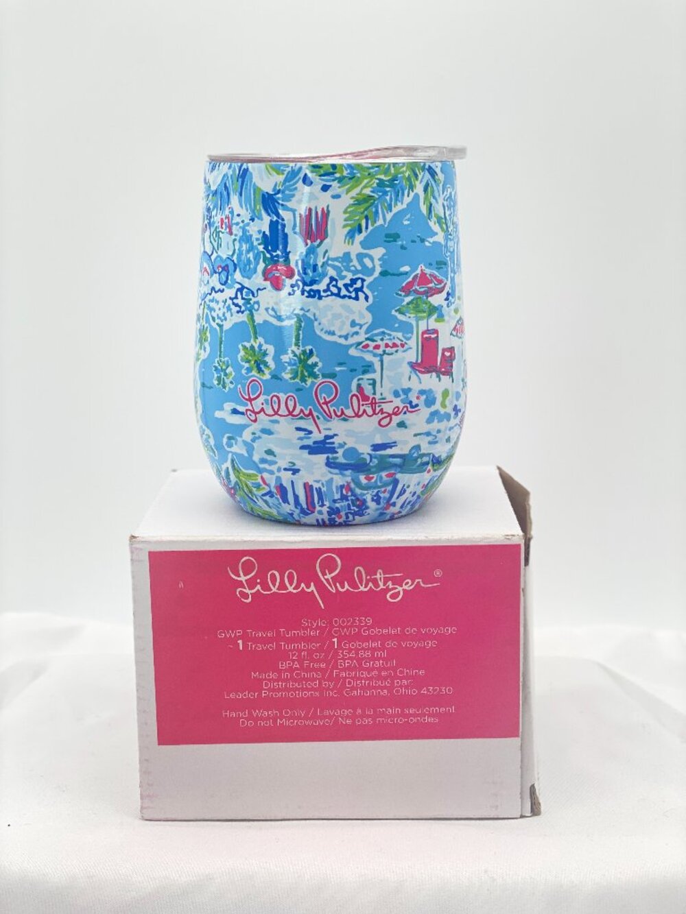 NIB Lilly Pulitzer GWP Insulated Stemless Wine Travel Tumbler Beach Print 12 oz